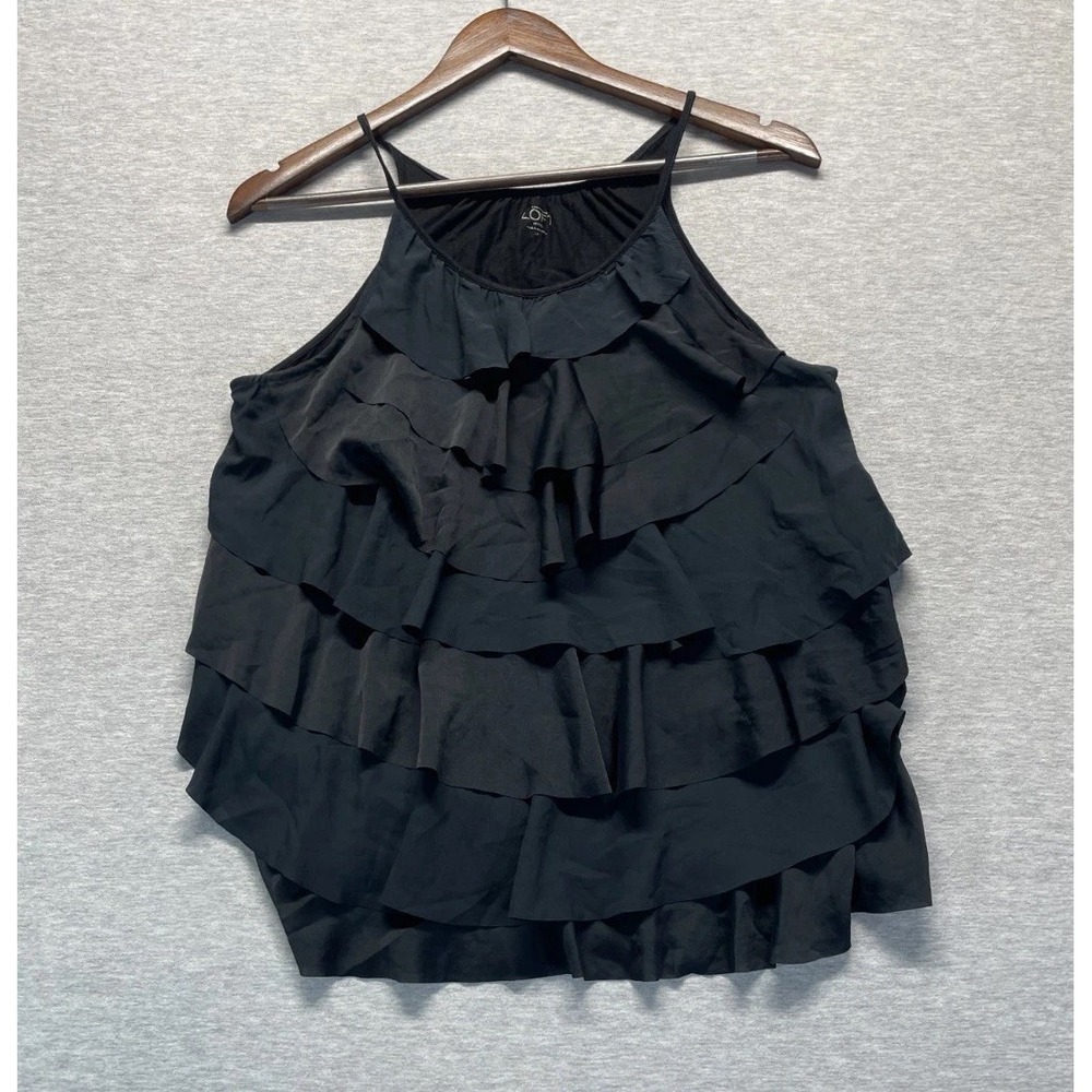 Ann Taylor LOFT Cami Tank Top Womens PL Black Ruffle Spaghetti Strap Scoop Neck